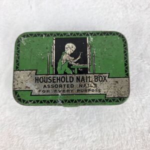 Vintage Art Deco Household Nail Box Assorted Nails Tin Storage Box Empty Green